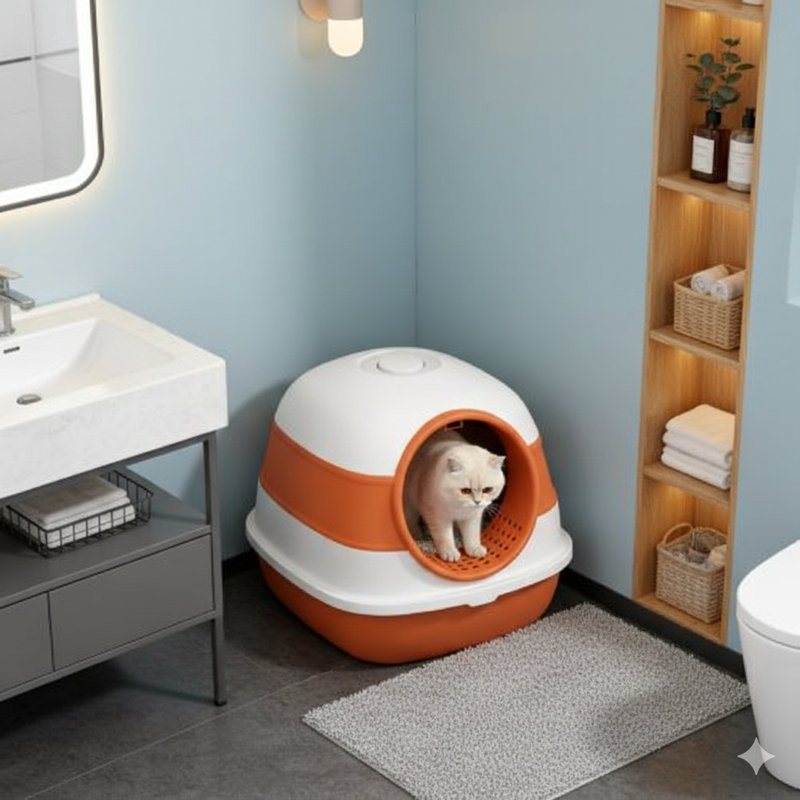 Enclosed waste receptacle for felines.