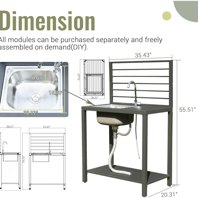 Cuisine extérieure avec îlot en aluminium gris - évier et robinet et rangement en acier inoxydable