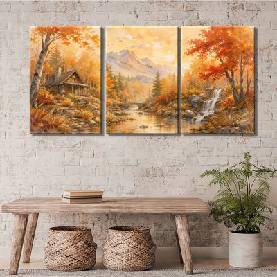 Automne, chalet, ruisseau de montagne imprimé, cascade, pont de pierre, érable doré, coucher de soleil, aquarelle, paysage, art mural sur toile tendue 3 pièces (1)
