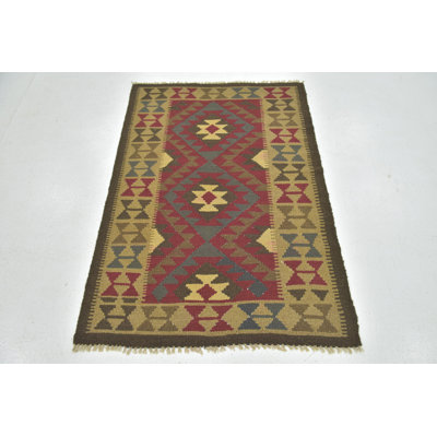 Tapis de zone en laine noué la/rouge 3 pi 4 po x 4 pi 10 po one-of-kind Lorain