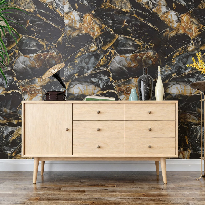 Papier peint auto-adhésif en vinyle autocollant noir et doré pour comptoir, armoire, dosseret, mobilier