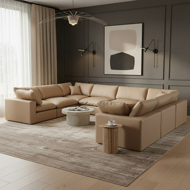 Canapé modulaire réversible de 160 po en similicuir, Simili cuir brun clair