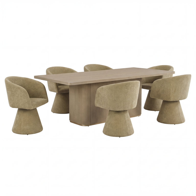 Swainswick 7-Piece Dining Table Set With 180° Swivel Chairs & Wooden Tabletop, Light Ash, Moss Green