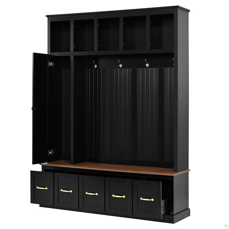 Arbre d'entrée avec porte-manteaux, banc à chaussures et armoire de rangement, Black