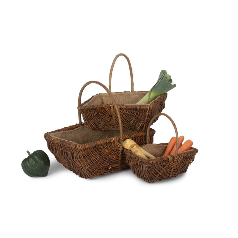 3 Piece Wicker Unpeeled Garden Trug Basket Set
