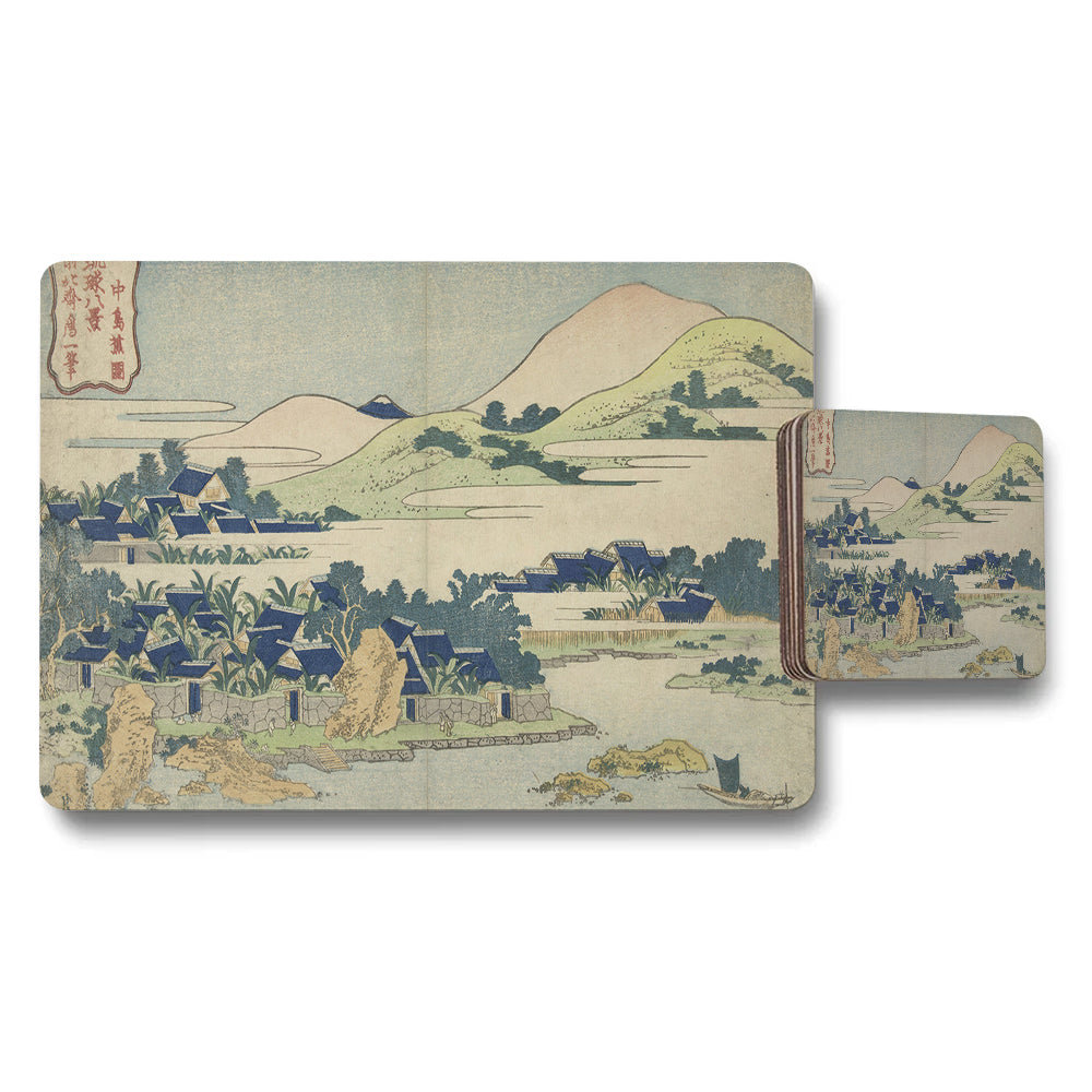 Japanese Landscape Placemats Coaster Set Ukiyoe Artwork
