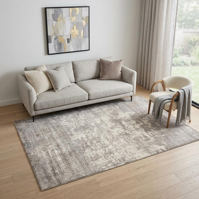Tapis abstrait beige et ivoire tissé à la main 5 pi x 7 pi