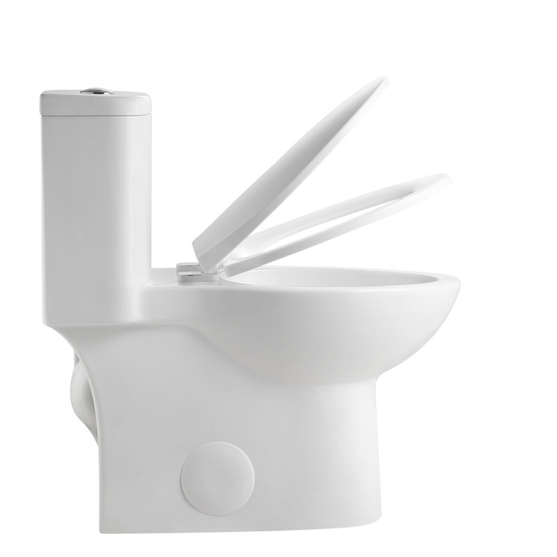 Une toilette, 1,1 / 1,6, chasse d'eau Tornado, hauteur, siège de chaise confortable, double siphon, cuve sans rebord, blanc brillant à fermeture douce, fonctionnement en douceur, efficacité de l'eau moderne