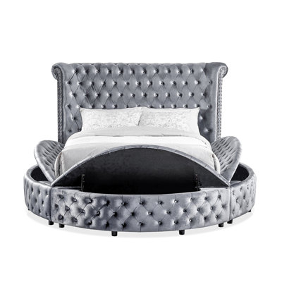 1pc Unique Round Glam Gray Velvet Like Acrylic Button-Tufted Detailing Storage Bed Queen Size