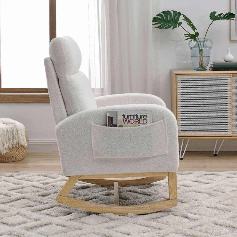 Chaise berçante à haut dossier en peluche avec poches latérales l 27,6 po