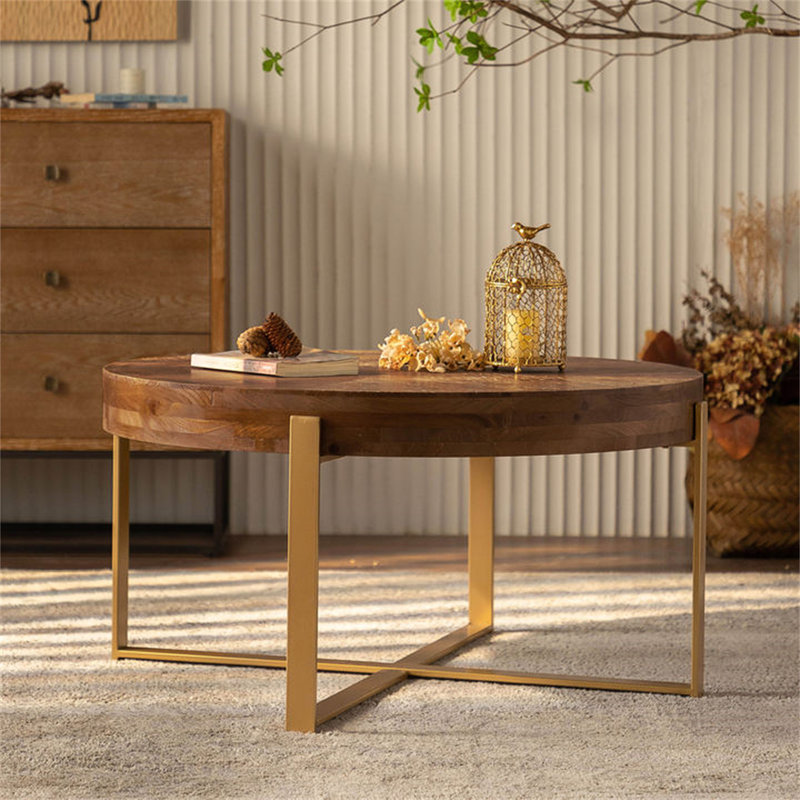 33.86"Modern Retro Splicing Round Coffee Table(Only Table), Walnut, 17.72" H x 33.86" L x 33.86" W, Gold