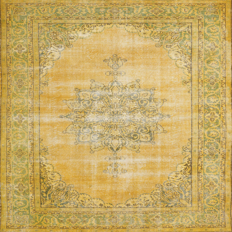Tapis traditionnel jaune citron, Carré 8 pi