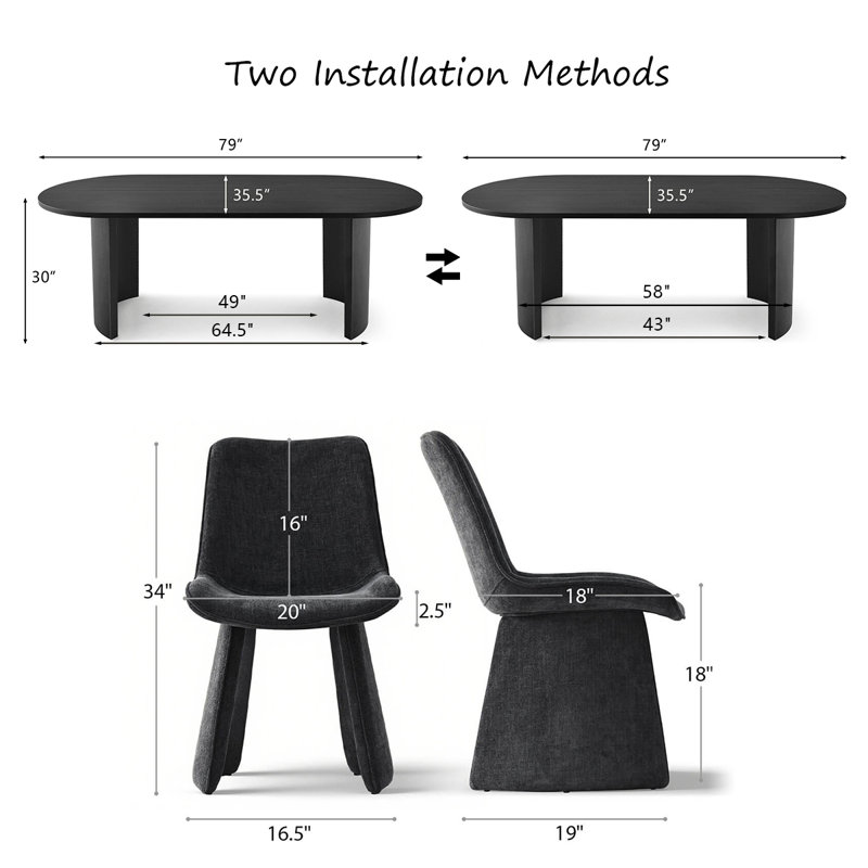 Modern 79" Oval Dining Table Set For 8 With Upholstered Dining Chairs, Black