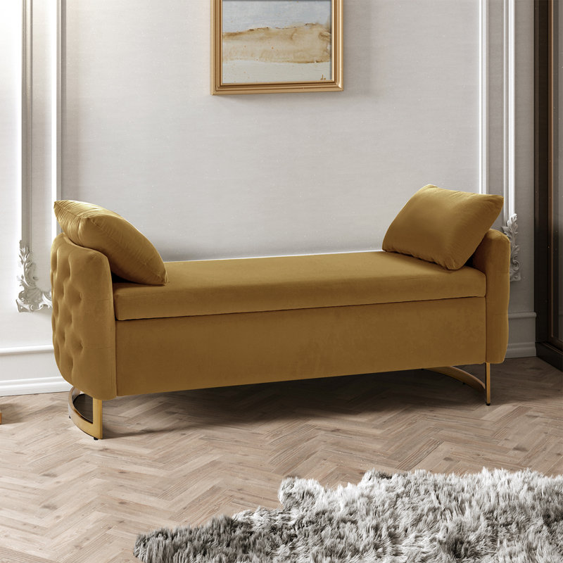 Banc de rangement à couvercle rabattable avec deux coussins l 58,5 po Aristides, Doré