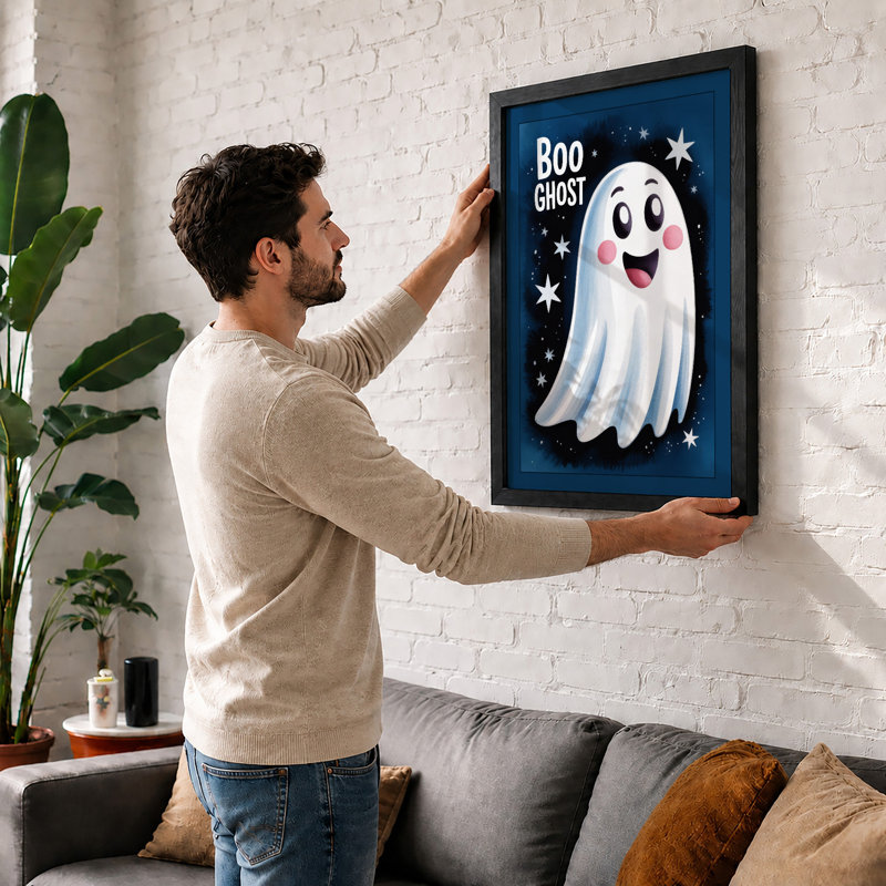Cheerful Halloween Ghost Novelty - Framed Print, A2 - 59.4 x 42.0 cm, Oak