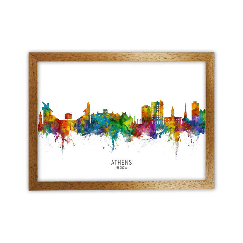 Athens Georgia Skyline by Michael Tompsett - Print, 25cm H x 34cm W x 3cm D, Brown Framed