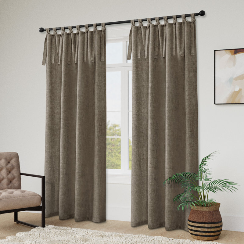 Linen Texture Tie Top Light Filtering Curtain Pair(2 Panels), Cocoa, 52" W x 84" L