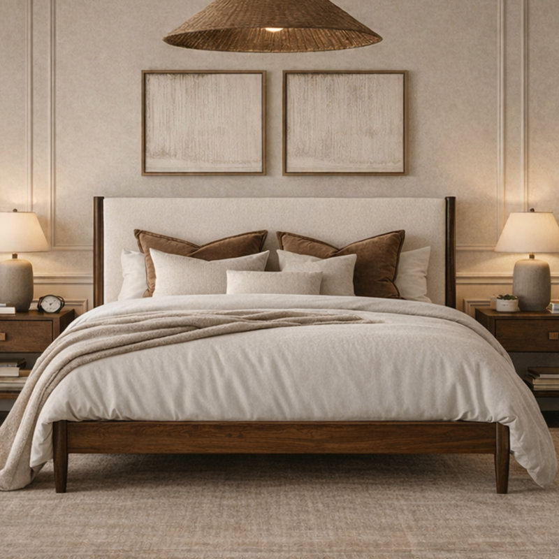 Besan Solid Wood Boucle Upholstered Headboard Bed Frame, Walnut Cream Boucle, Full