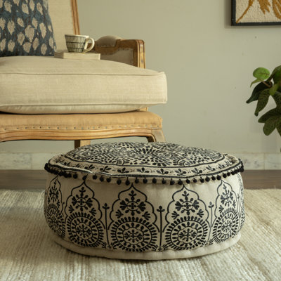 Jan Embroidered 24'' Round Pouf Ottoman
