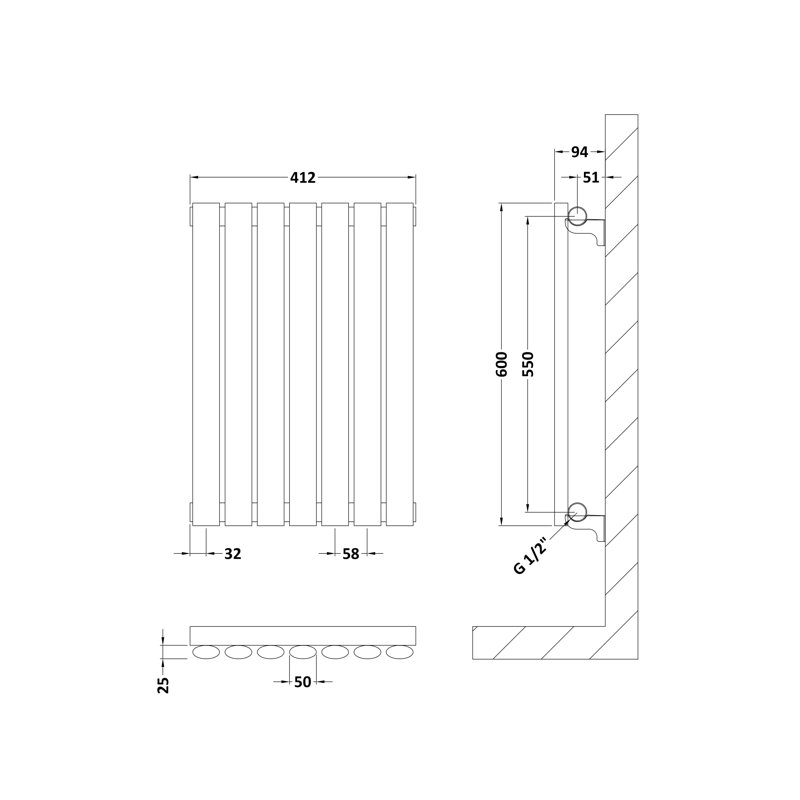 Revive Vertical Designer Radiator, 60cm H x 41.2cm W x 5.5cm D, Grey