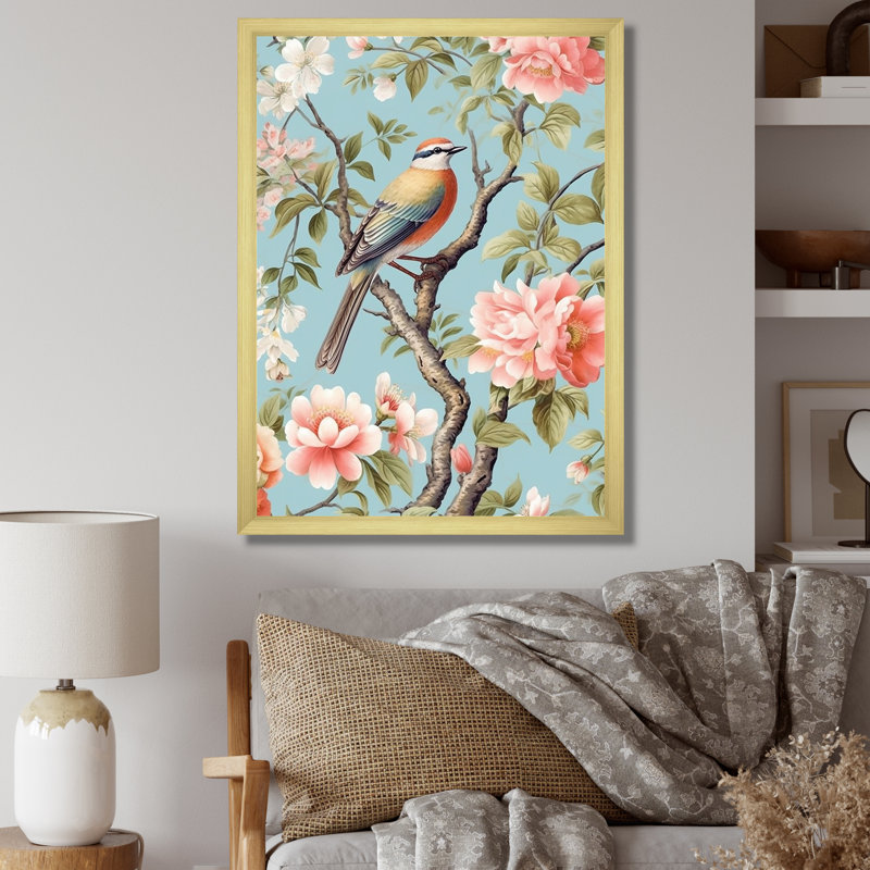 Minimalisme, oiseau sur fleurs III, impression sur toile, Cadre doré à une seule photo, H 24 po x l 24 po x P 1 po