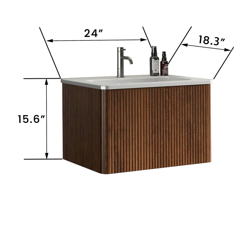 Commode de salle de bain rayée en bois de noyer, avec lavabo en céramique, commode flottante murale moderne pré-assemblée