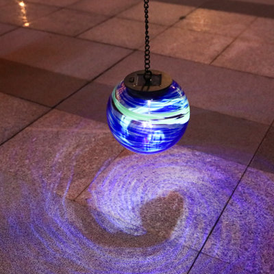 Solar Swirl Glass Gazing Ball,hanging Light – Led Outdoor Decor,garden Ball,metal Chain & Hook, Patio/garden Tree Accent ,blue-green