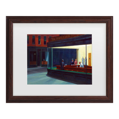 Framed Wall Art - Edward Hopper ‘Nighthawks’ Wall Decor with Matted Frame - Living Room, Kitchen, and Bathroom Art - 16x20
