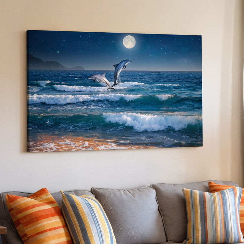 Toile, scène sereine avec deux dauphins sautant gracieusement au-dessus de l'art mural, H 9 po x l 12 po