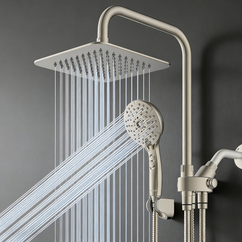 Dual Shower Head Combo, 8" Rainfall Shower Head, 6 Settings Handheld Showers, 15" Slide Bar, 59" Hose, Brushed Nickel