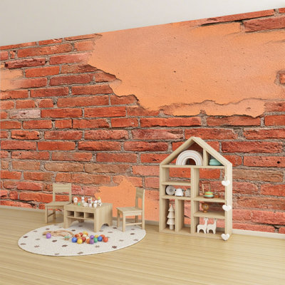Vintage Peel and Stick Wallpaper Red Brick Wall Peeling Orange Wall Murals 69"H x 96"W Removable PVC Wall Paper Self-Adhesive Wall Decor for Bedroom Living Room Home Office