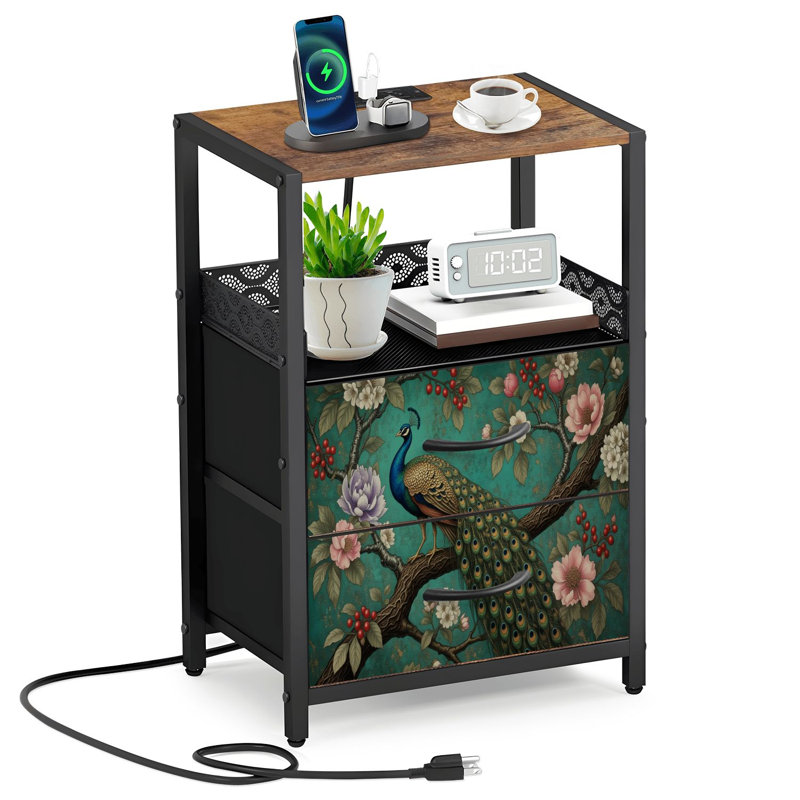 Table de chevet à 2 tiroirs en chinois avec station de charge Peacock Blossoming Tree Branch