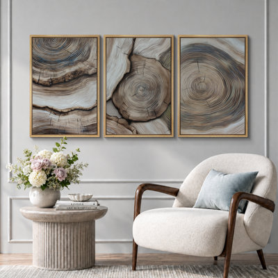Anneaux d'arbre en bois naturel, œuvre d'art rustique organique, images de motif nature campagnard, impression sur toile encadrée, 3 pièces