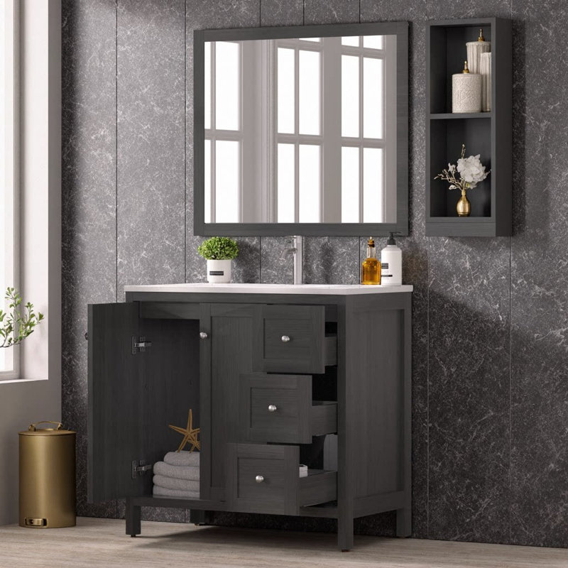 Meuble-lavabo moderne de 35,5 po avec vasque en résine SMC - Finition noire Munich, porte à fermeture douce et 3 tiroirs, armoire de rangement en contreplaqué pour salle de bain, conception compacte
