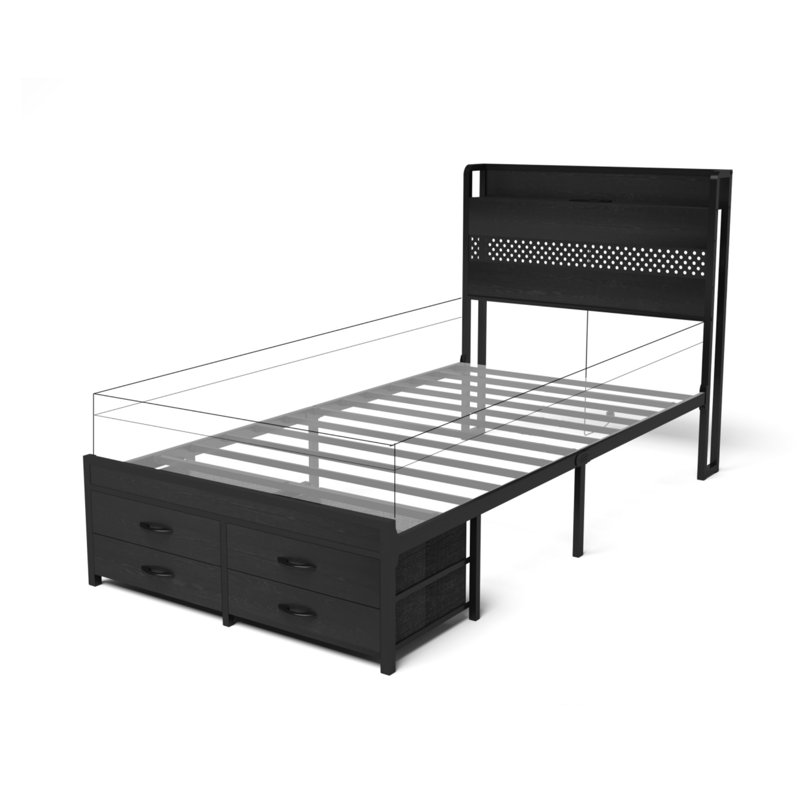 Base de lit plateforme simple en métal noir avec tête de lit et tiroirs de rangement sans sommier 