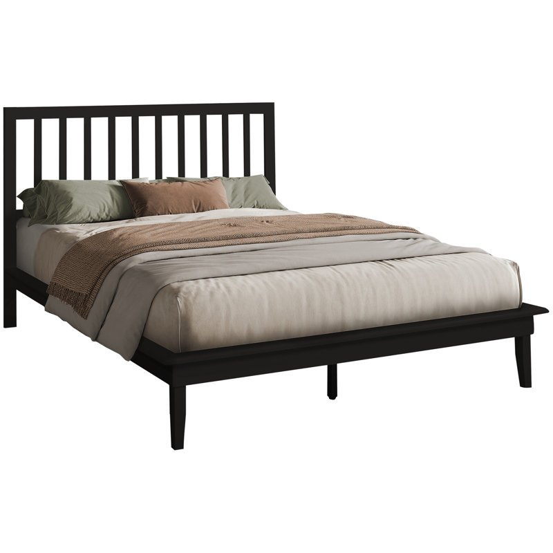 Contemporary Black Wood Queen Size Platform Bed Frame Only, Open Design, 12 Slats For Comfort, 65.59 In W, 84.5 L, 46.1 H In Style, Wooden Mattress, No Mattress Included, L