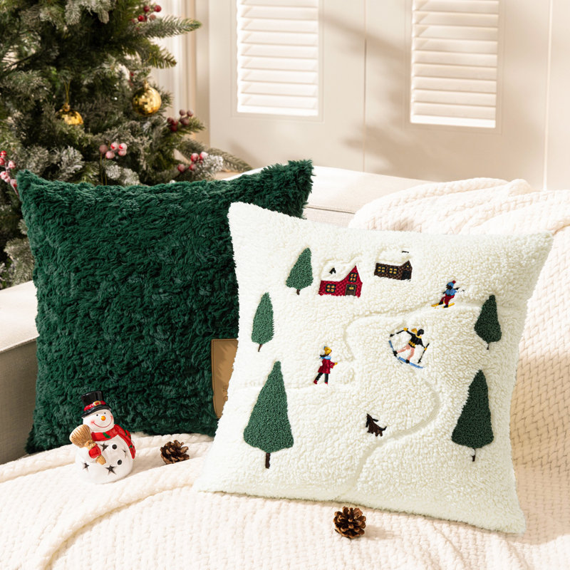 Phantoscope Embroidered Throw Pillow Covers, 18" X 18", 2 Pack, Dark Green Christmas Snow Scene