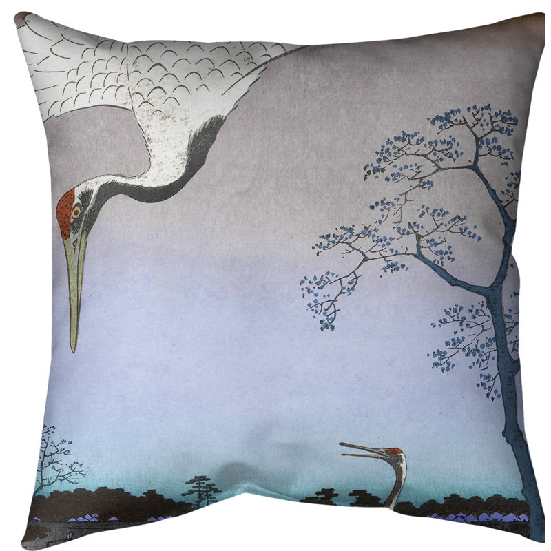 Housse de coussin en jeté japonaise grues, Bleu, 14 po x 14 po, Sergé de coton