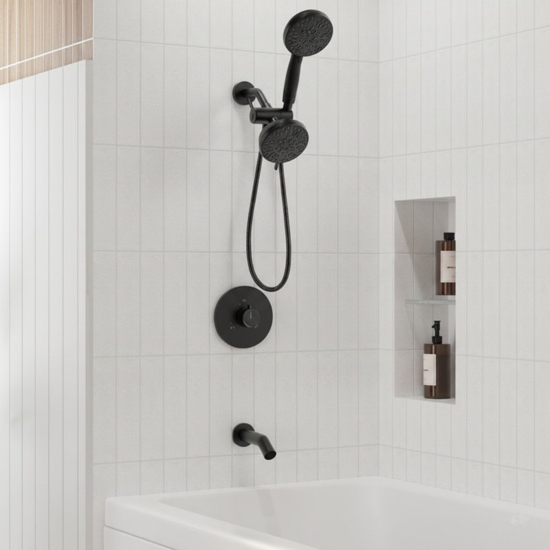 Ensemble de robinetterie de douche à trois fonctions avec douchette, pommeau de douche à 5 jets et soupape d'équilibrage de pression, bec de baignoire inclus