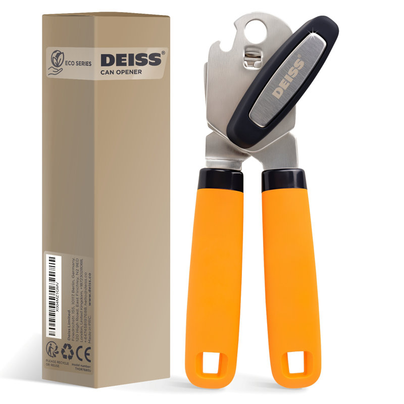 Ouvre-boîte manuel Deiss Pro et ouvre-bouteille Deiss Pro - manuel, acier inoxydable, avec lame tranchante pour faciliter la coupe - orange