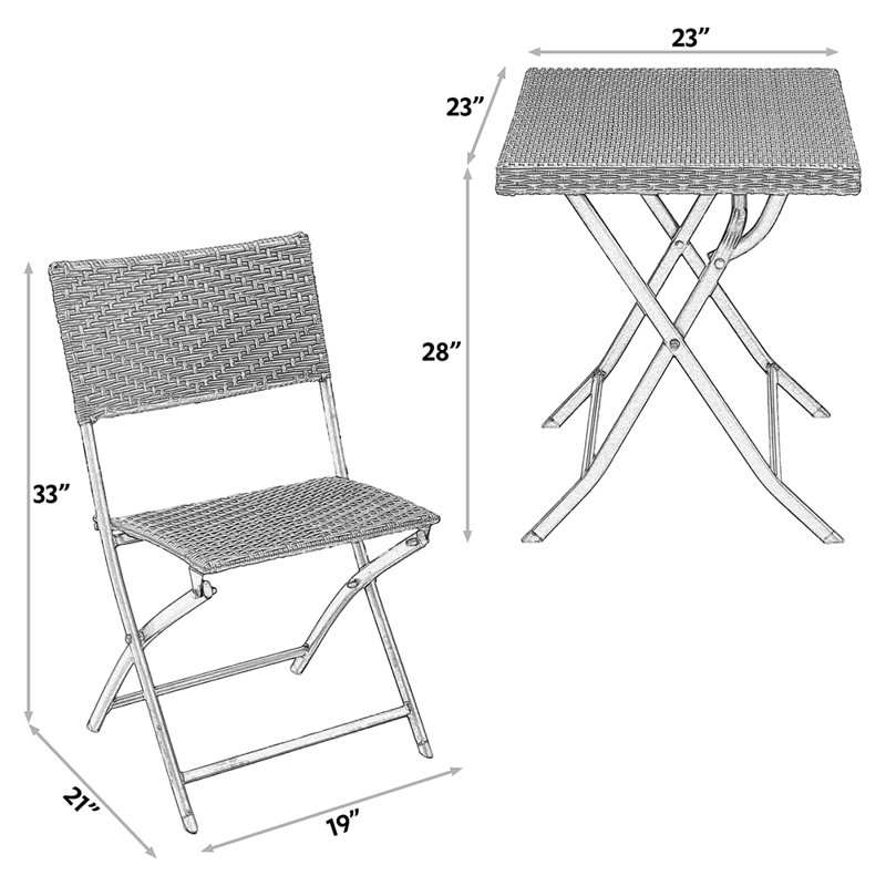 2 - Person Patio Folding Rattan Bistro Set Chairs with Backrest Table, Gray