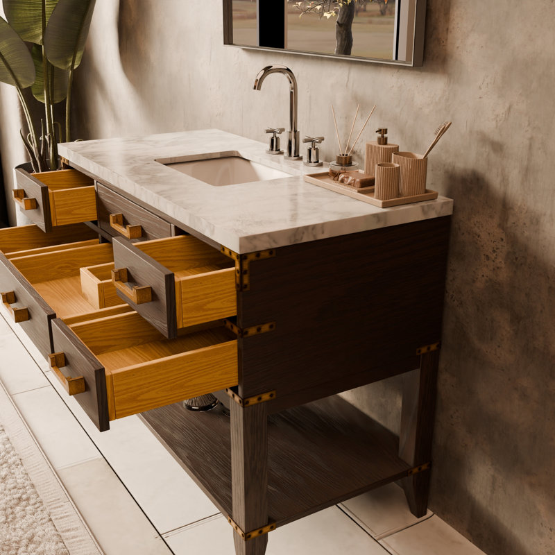 Ensemble de meuble-lavabo simple 48 po, Marbre de Carrare blanc, Chêne brun