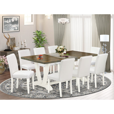 9-Pc Modern Table Set Includes a Distressed Jacobean Dinner Table and 8 White PU Leather Dining Chairs with High Back - Wire Brushed Linen White.