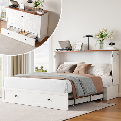 Modern Murphy Bed Queen with Drawers and USB Charging Ports,White