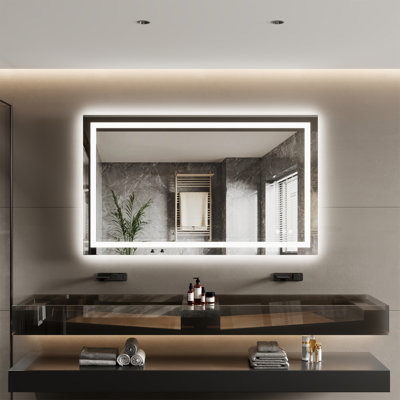 Miroir de salle de bain sans cadre à DEL en aluminium avec deux bandes lumineuses, température de couleur réglable 3000K / 4000K / 6000K, antibuée, horizontal / vertical