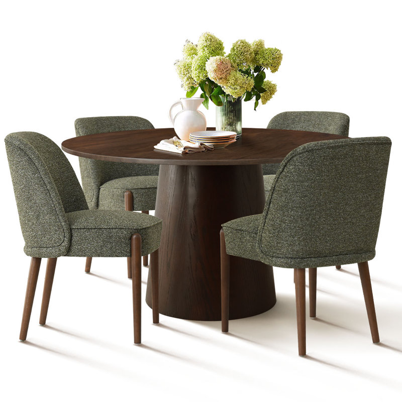 4 - Person Dining Table Sets With 52'' Solid Wood Round Table & 4 Upholstered Linen Chairs, Green