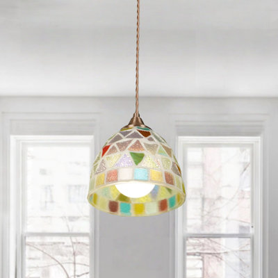 6.9" Colorful Grid Single Adjustable Wire Pendant Light, Stained Glass Hanging Lamp (including A Three Color Light Source)