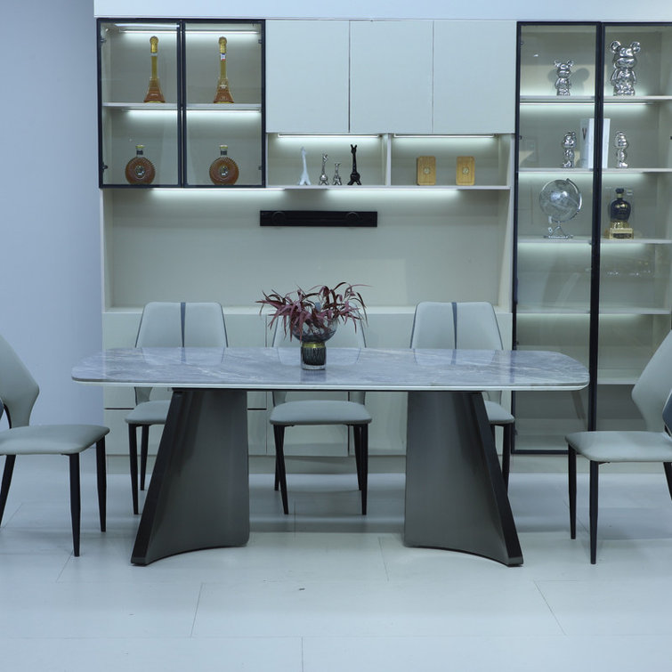 Luxury Rectangle Dining Table - Snow Mountain Durable Stone Surface with Gunmetal Base