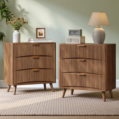 31.5'' W Large Fluted Nightstand Set of 2, 3 Drawer Night Stand Bedside Table, Mid Century Modern Small Wood Dresser For Bedroom