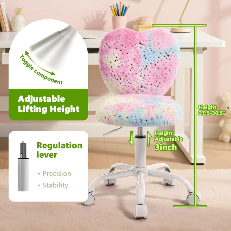 Heart Kids Desk Chair Adjustable Comfy Swivel Computer Chair Vanity Chair for Girls Bedroom Study, Fluffy Kids Office Chair for Reading ,Pink